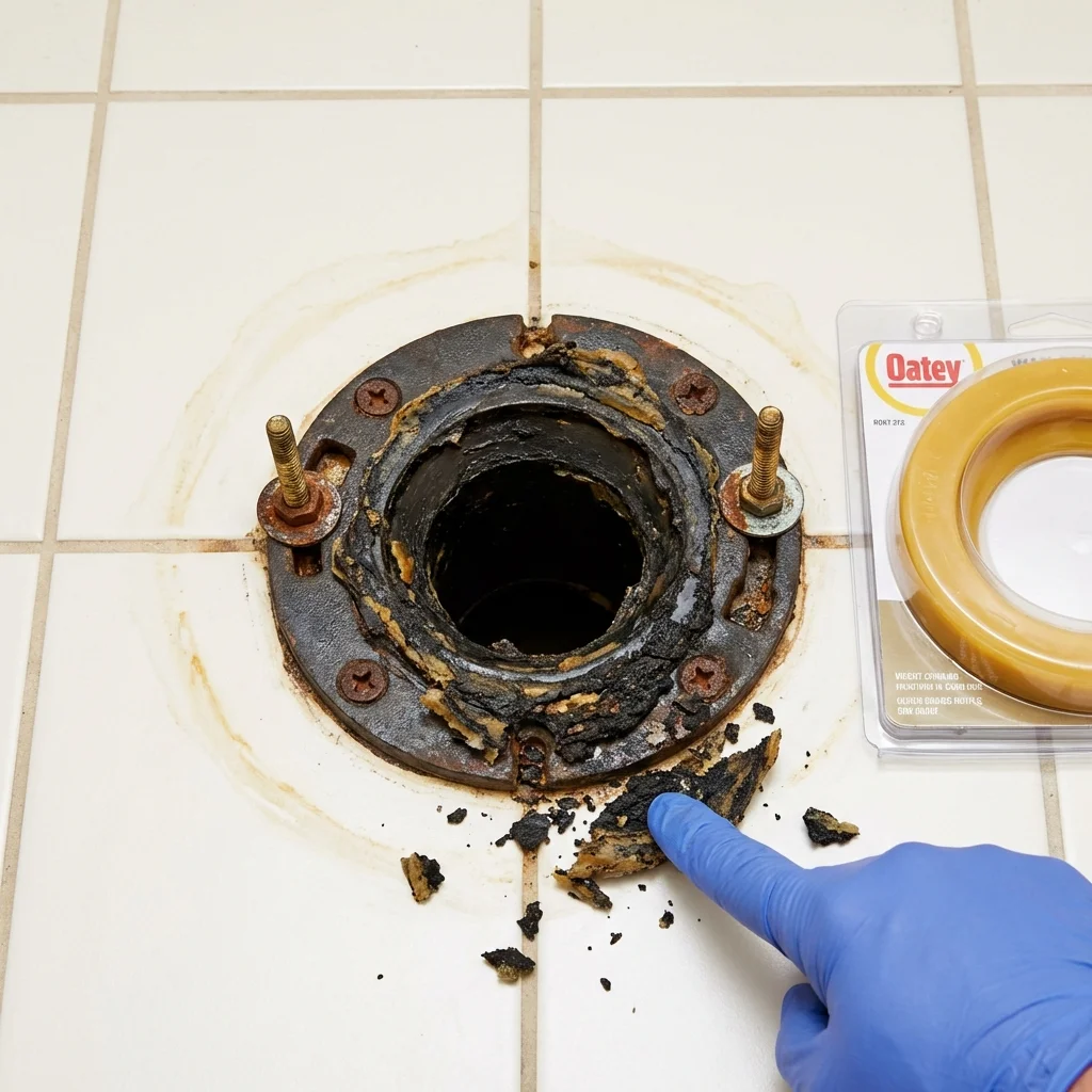 Failed wax ring showing water seepage at the base of a toilet in a Monroe, NY home